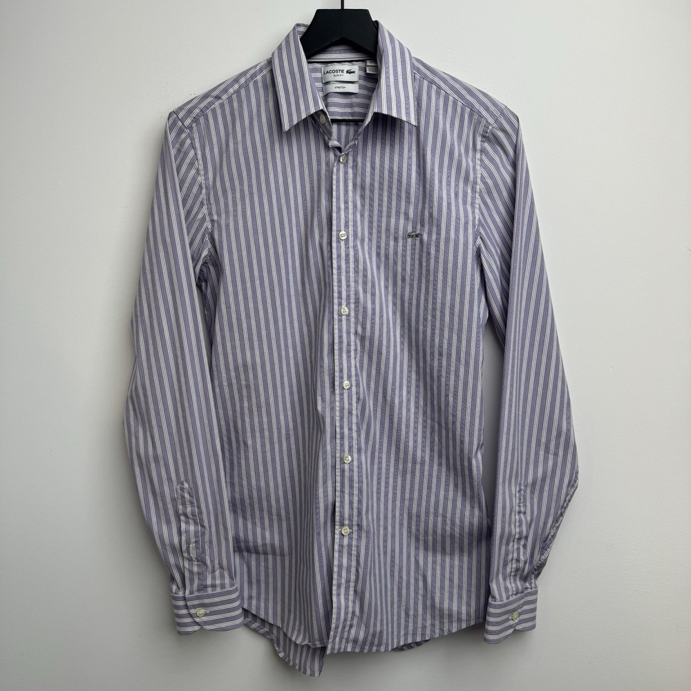 Lacoste Button Down Shirt 15 Purple Striped Stretch Slim Fit Casual Preppy Mens